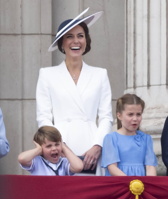 Trooping the Colour The Queen, The Duchess of Cambridge, The Duke of Cambridge, Prince George, Princess Charlotte and Prince Louis riding appear on Buckingham Palace balcony during Trooping the Colour ...
