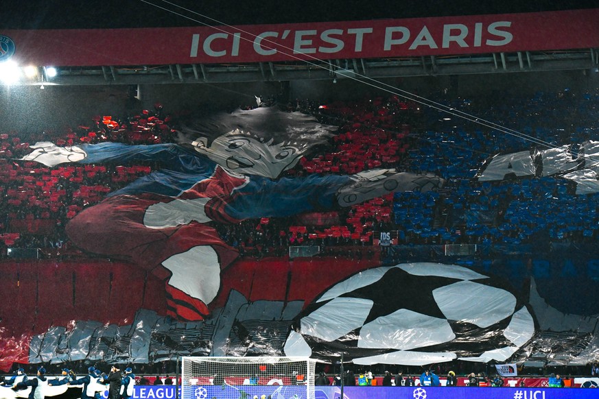 March 6, 2019 - Paris, ile de france, France - Ultra s tiffo representing Capitain Tsubasa during the 8th final of the Champions league s match between Paris Saint-Germain (PSG) and Manchester United  ...