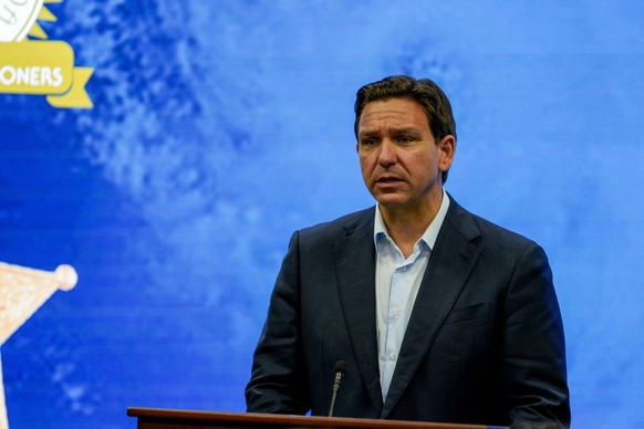 August 28, 2023, Largo, Florida, USA: Governor RON DESANTIS speaks during a press briefing at Pinellas County Emergency Management, in preparation for Tropical Storm Idalia, soon expected to become a  ...