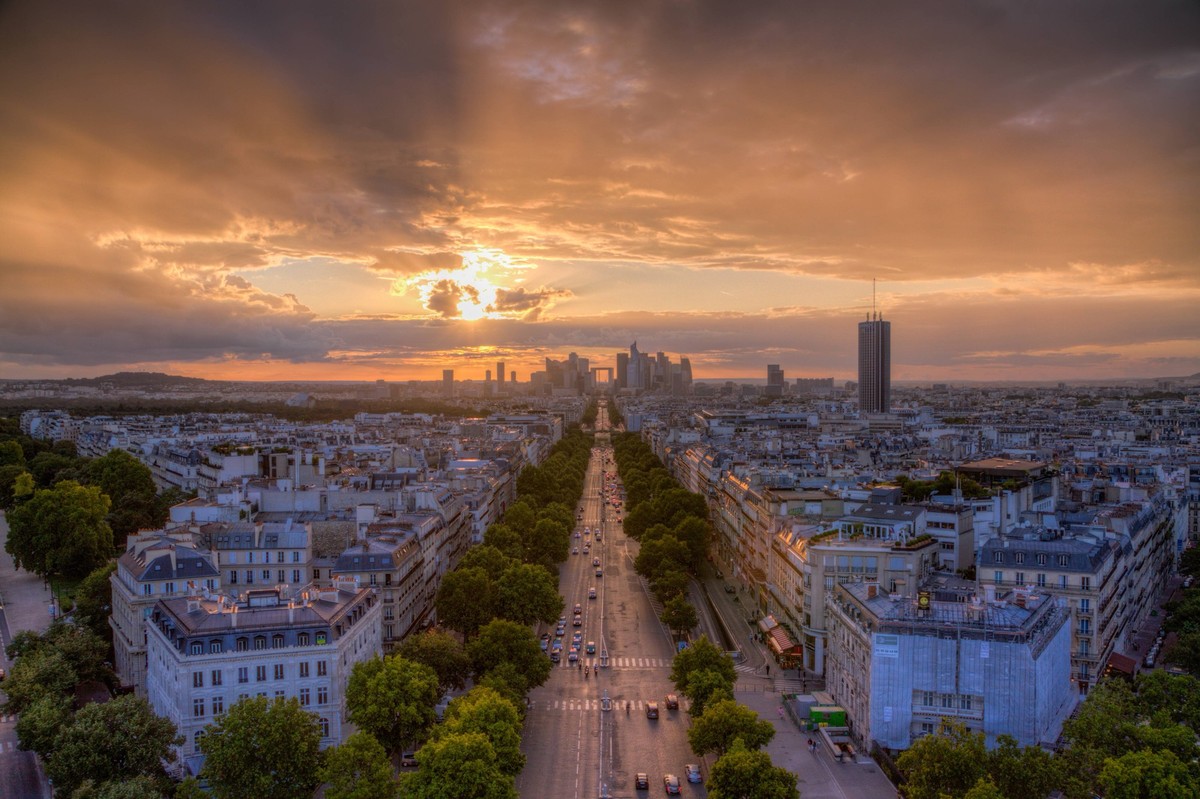Breathtaking Susnet over La Defense in Paris, France, viewed from the top of Victory Arch , 20541368.jpg, Aerial, Champ, Champs Elysee, Europe, France, La Defense, Panorama, Paris, Scenic, Travel, bou ...