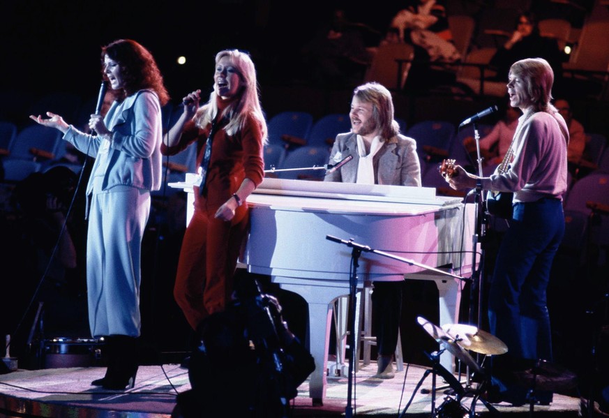 FILE - Abba, from left, Anni-Frid Lyngstad, Agnetha Foltskog, Benny Andersson and Bjorn Ulvaeus perform at United Nations General Assembly, in New York, during taping of NBC-TV Special, &quot;The Musi ...