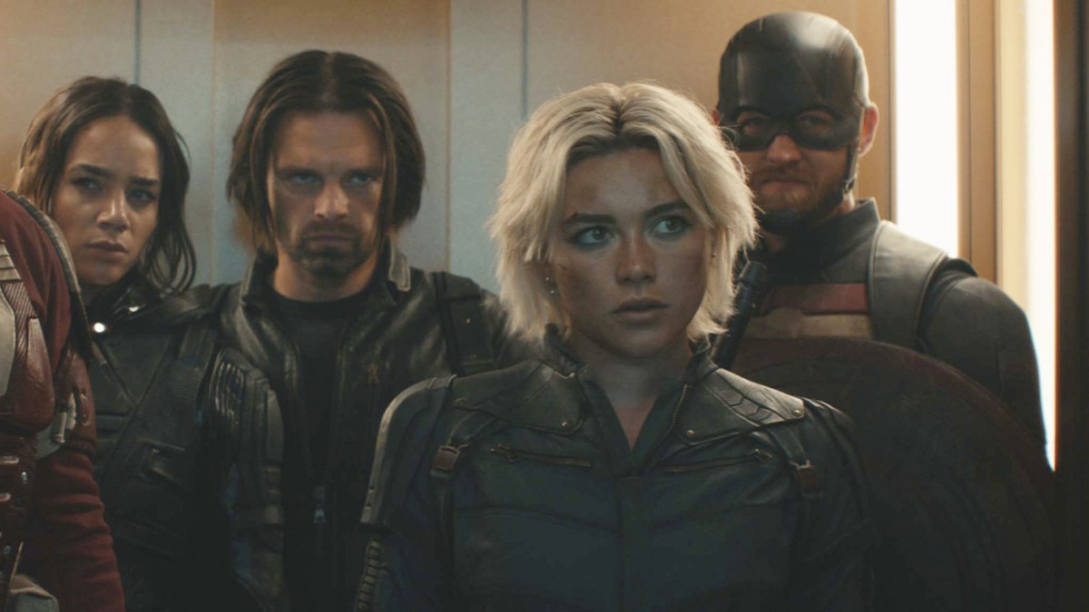 This image released by Marvel Studios shows, from left, David Harbour, Hannah John-Kamen, Sebastian Stan, Florence Pugh and Wyatt Russell in a scene from &quot;Thunderbolts.&quot; (Disney-Marvel Studi ...