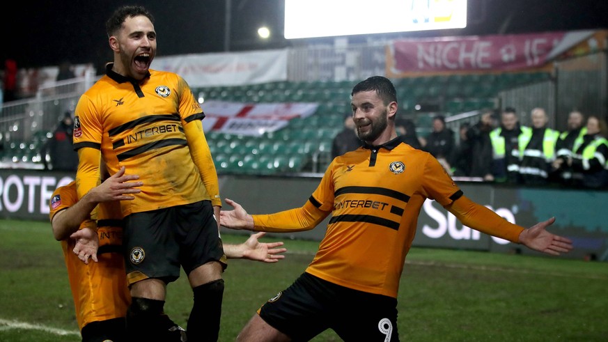 Newport County v Middlesbrough - FA Cup - Fourth Round - Replay - Rodney Parade Newport County s Padraig Amond (right) celebrates his sides second goal of the game with teammate Robbie Willmott EDITOR ...