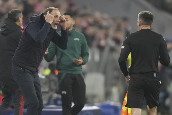 Bayern&#039;s head coach Thomas Tuchel reacts during the Champions League quarter final second leg soccer match between Bayern Munich and Manchester City, at the Allianz Arena stadium in Munich, Germa ...