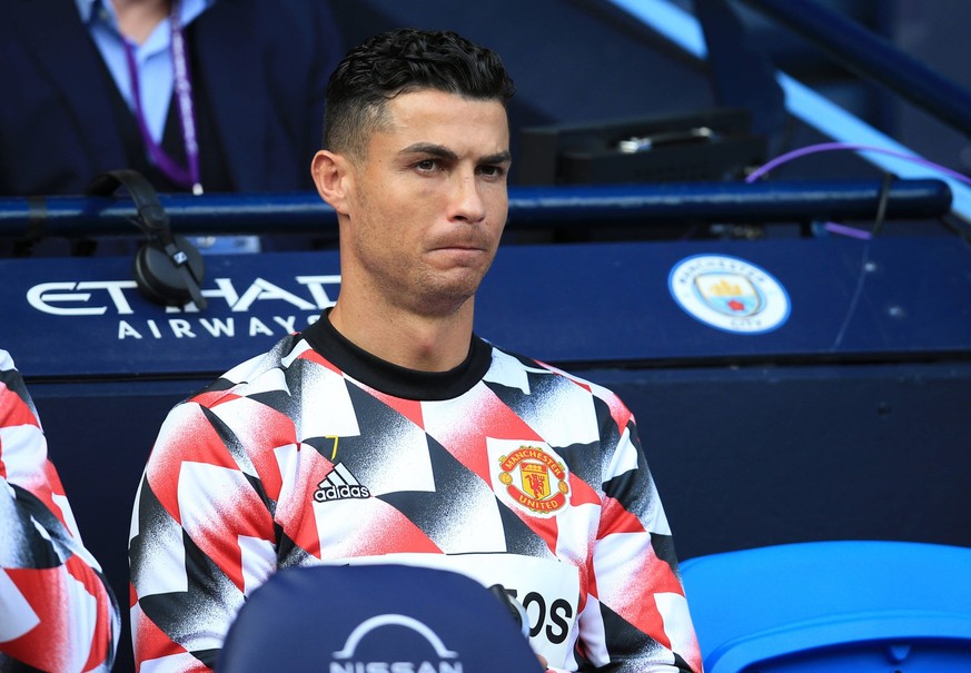 2nd October 2022 City Stadium, Manchester, England Premier League football, Manchester City versus Manchester United, ManU Cristiano Ronaldo of Manchester United looks on from the substitutes bench PU ...