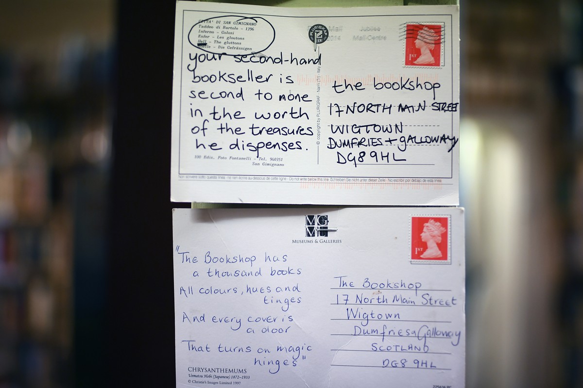 WIGTOWN, SCOTLAND - NOVEMBER 09: Postcards sent to The Book Shop, the largest second hand bookstore in the country on November 9, 2017 in Wigtown,Scotland. Wigtown has had official 'book town ...