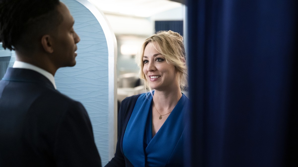 This image released by HBO Max shows Griffin Matthews, left, and Kaley Cuoco in a scene from the series &quot;The Flight Attendant.&quot; The Screen Actors Guild has nominated the cast for a SAG Award ...