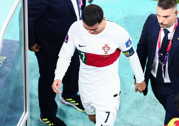 Mandatory Credit: Photo by Michael Zemanek/Shutterstock 13655764cu Cristiano Ronaldo of Portugal exits the World Cup in tears as he leaves the field in tears at the end of the game Morocco v Portugal, ...