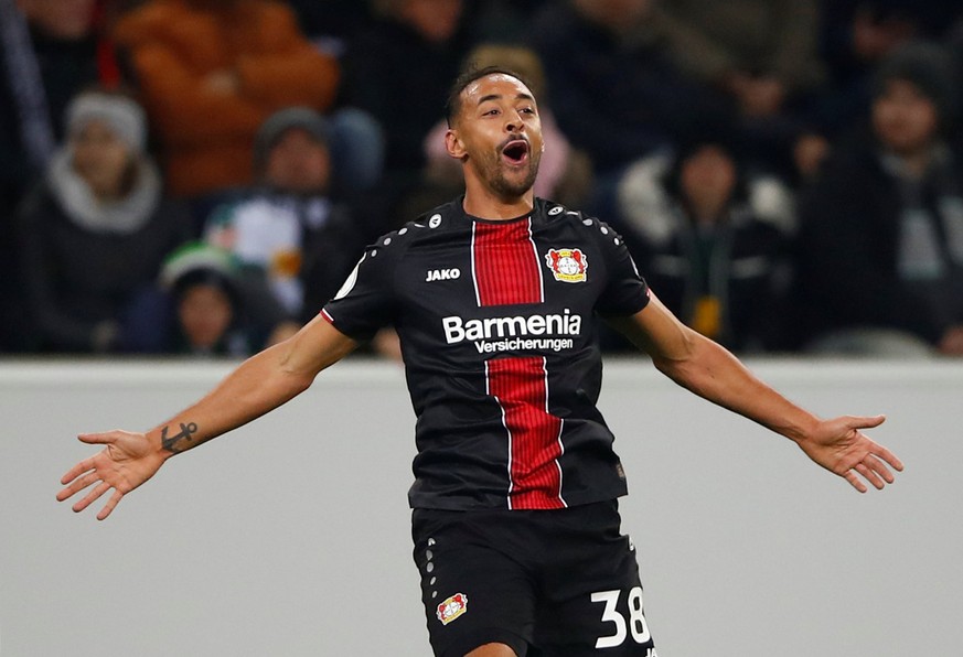 Soccer Football - DFB Cup Second Round - Borussia Moenchengladbach v Bayer Leverkusen - Borussia-Park, Moenchengladbach, Germany - October 31, 2018 Bayer Leverkusen&#039;s Karim Bellarabi celebrates s ...