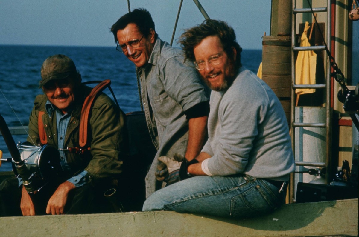 1975 - Jaws - Movie Set PICTURED: ROBERT SHAW, ROY SCHEIDER, RICHARD DREYFUS. FILM TITLE: JAWS. DIRECTOR: Steven Spielberg STUDIO: UNIVERSAL PICTURES. PLOT: From the best selling novel by Peter Benchl ...