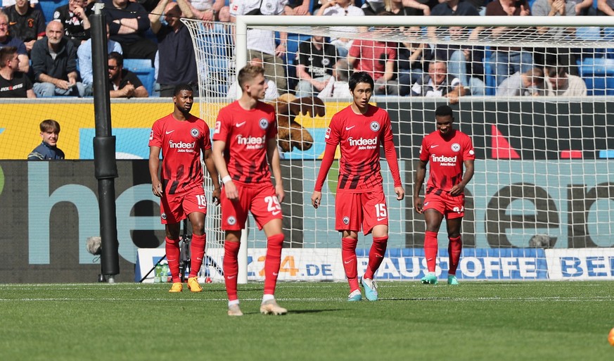 06.05.2023, Fussball Bundesliga, TSG 1899 Hoffenheim - Eintracht Frankfurt, emonline, emspor, v.l., Almamy Toure Eintracht Frankfurt, Jesper Lindström Eintracht Frankfurt, Daichi Kamada Eintracht Fran ...