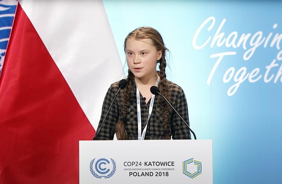I AM GRETA, Greta Thunberg speaking at the United Nations Climate Change Conference, Katowice, Poland, December 12, 2018, 2020. © Hulu / Courtesy Everett Collection