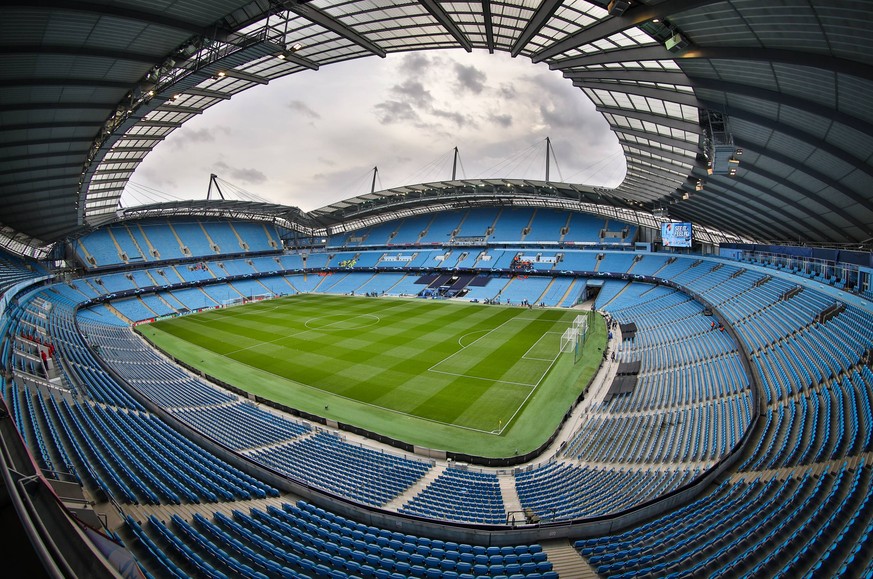 General view of the Etihad Stadium, home of Manchester City Football Club during the UEFA Champions League match between Manchester City and Olympique Lyonnais at the Etihad Stadium, Manchester, Engla ...