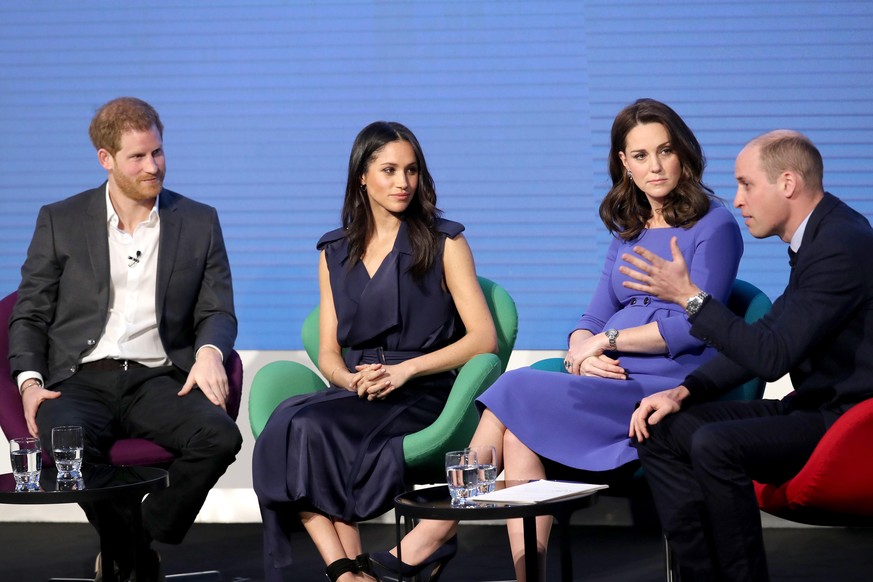 LONDON, ENGLAND - FEBRUARY 28: Prince Harry, Meghan Markle, Catherine, Duchess of Cambridge and Prince William, Duke of Cambridge attend the first annual Royal Foundation Forum held at Aviva on Februa ...