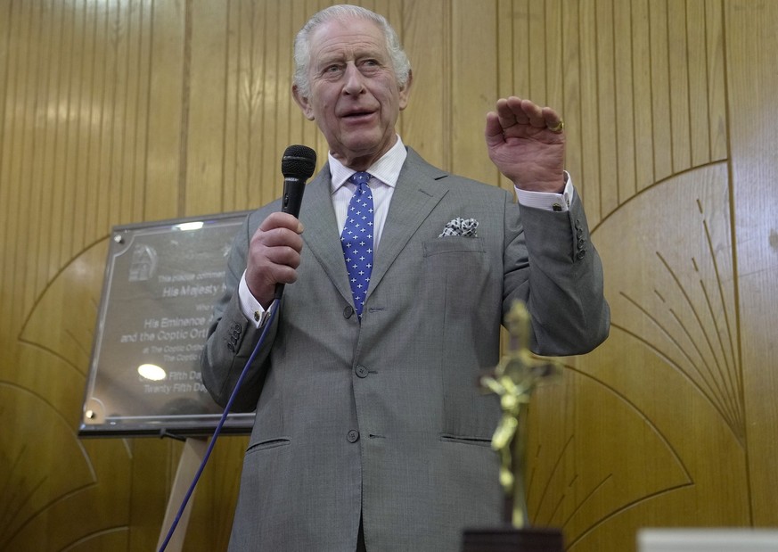 Britain&#039;s King Charles III speaks as he attends an Advent Service and Christmas Reception at The Coptic Orthodox Church Centre UK in Stevenage, England, Tuesday, Dec. 5, 2023. After the Service,  ...