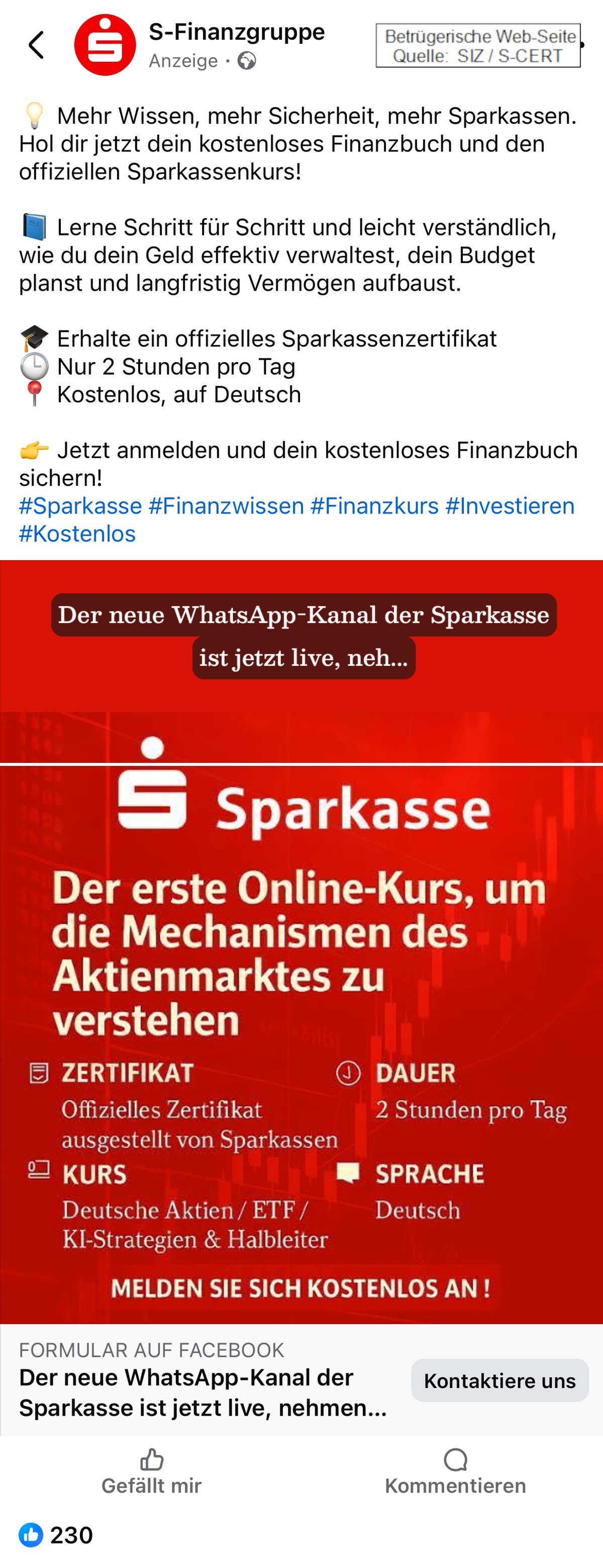 Die Sparkasse macht auf die betrügerischen Profile aufmerksam.