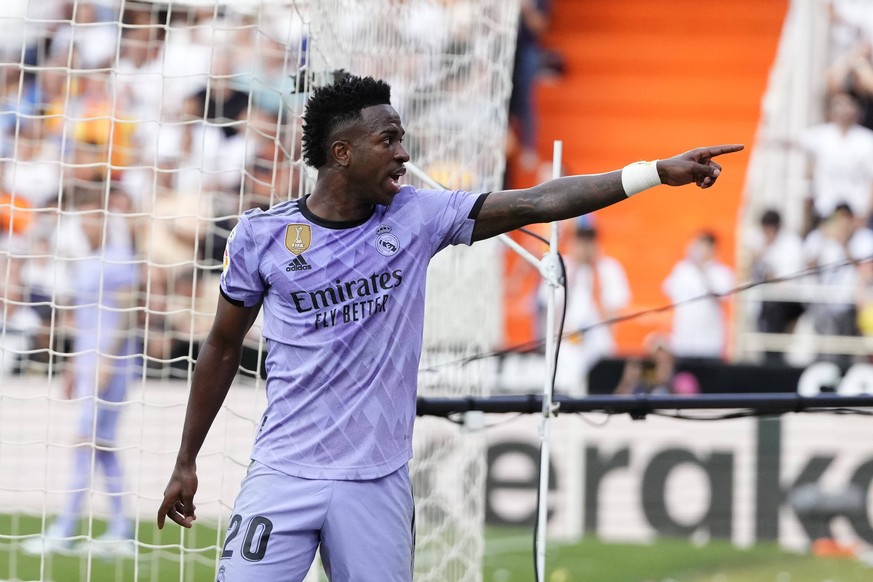 Valencia CF v Real Madrid CF - LaLiga Santander Vinicius Junior left winger of Real Madrid and Brazil accuses a fan of making racist insults during the LaLiga Santander match between Valencia CF and R ...