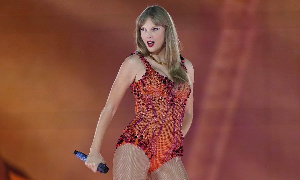 FILE - Taylor Swift performs at the Paris Le Defense Arena during her Eras Tour concert in Paris, on May 9, 2024. (AP Photo/Lewis Joly, File)