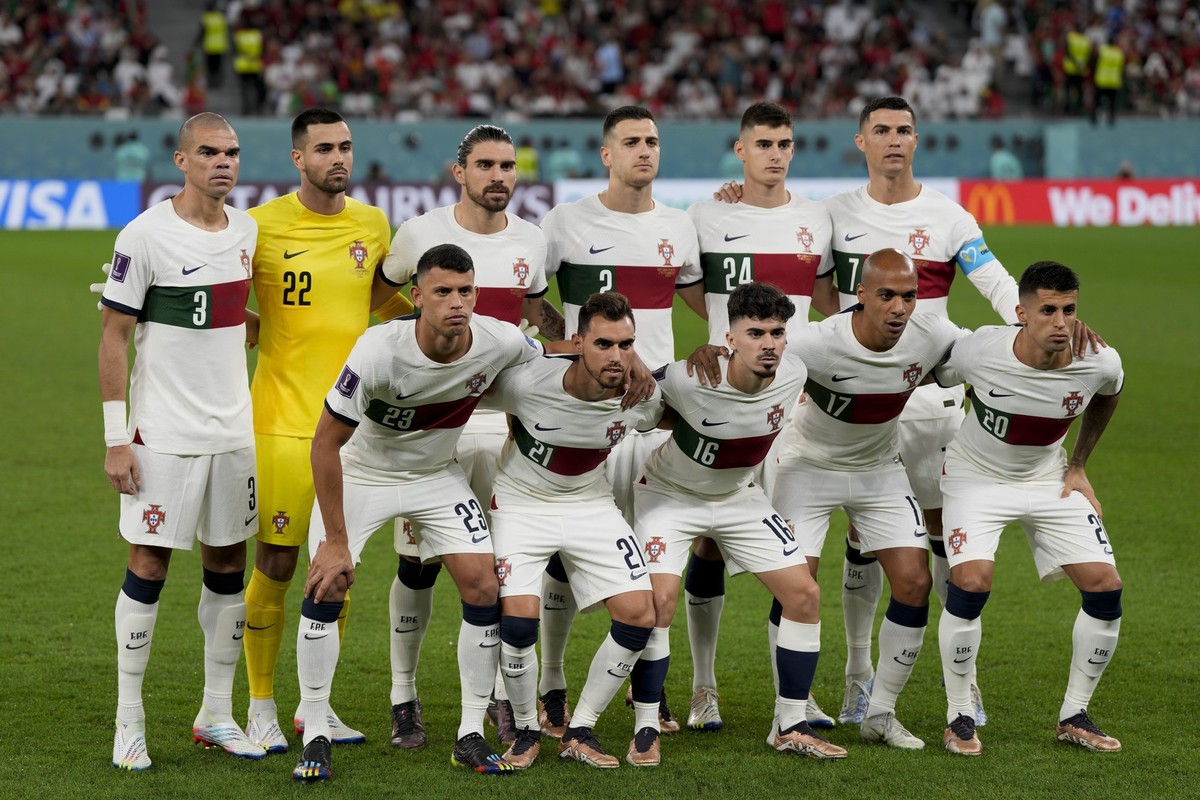 Portugal&#039;s players pose for a team photo prior to the World Cup group H soccer match between South Korea and Portugal, at the Education City Stadium in Al Rayyan , Qatar, Friday, Dec. 2, 2022. (A ...