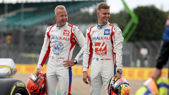 Mick Schumacher and Nikita Mazepin file photo. File photo dated 15-07-2021 of Haas Nikita Mazepin (left) and Mick Schumacher (right) on the grid ahead of the British Grand Prix at Silverstone, Towces ...