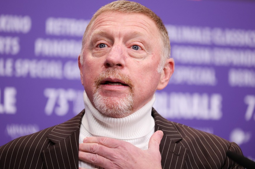 BERLIN, GERMANY - FEBRUARY 19: Boris Becker speaks on stage at the &quot;Boom! Boom! The World vs. Boris Becker&quot; press conference during the 73rd Berlinale International Film Festival Berlin at G ...