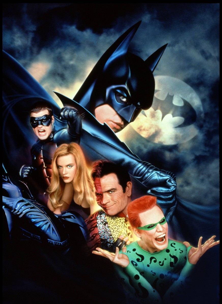 Warner Bros / DR BATMAN FOREVER (BATMAN FOREVER ) de Joel Schumacher 1995 USA avec Chris O Donnell, Nicole Kidman, Val Kilmer, Tommy Lee Jones et jim Carrey super-heros, visuel d affiche d apres la BD ...