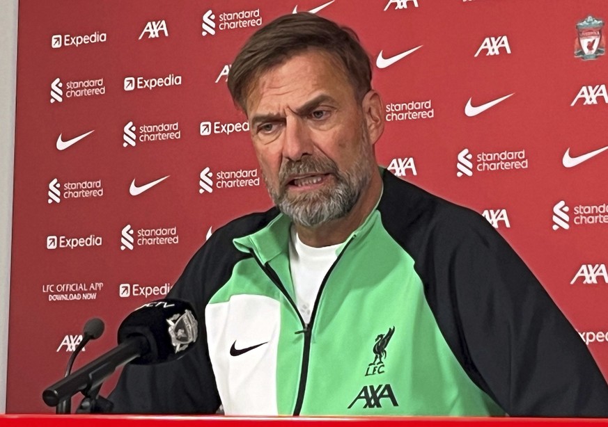 Liverpool&#039;s manager Jurgen Klopp speaks during a news conference at the AXA Training Centre, Liverpool, England, Friday January 26, 2024. Jurgen Klopp announced Friday Jan. 26, 2024, he will step ...
