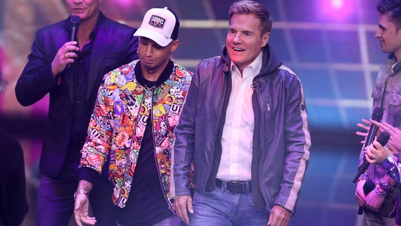 COLOGNE, GERMANY - APRIL 06: Pietro Lombardi and Dieter Bohlen during the first event show of the tv competition &quot;Deutschland sucht den Superstar&quot; (DSDS) at Coloneum on April 6, 2019 in Colo ...