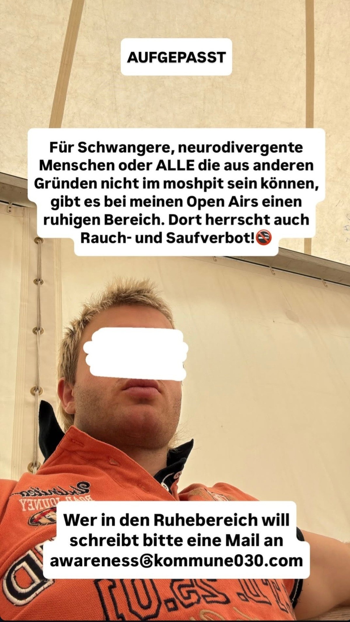 Ski Aggu kündigte am Donnerstag in seiner Instagram-Story Ruhebereiche bei seinen Open-Air-Konzerten an.