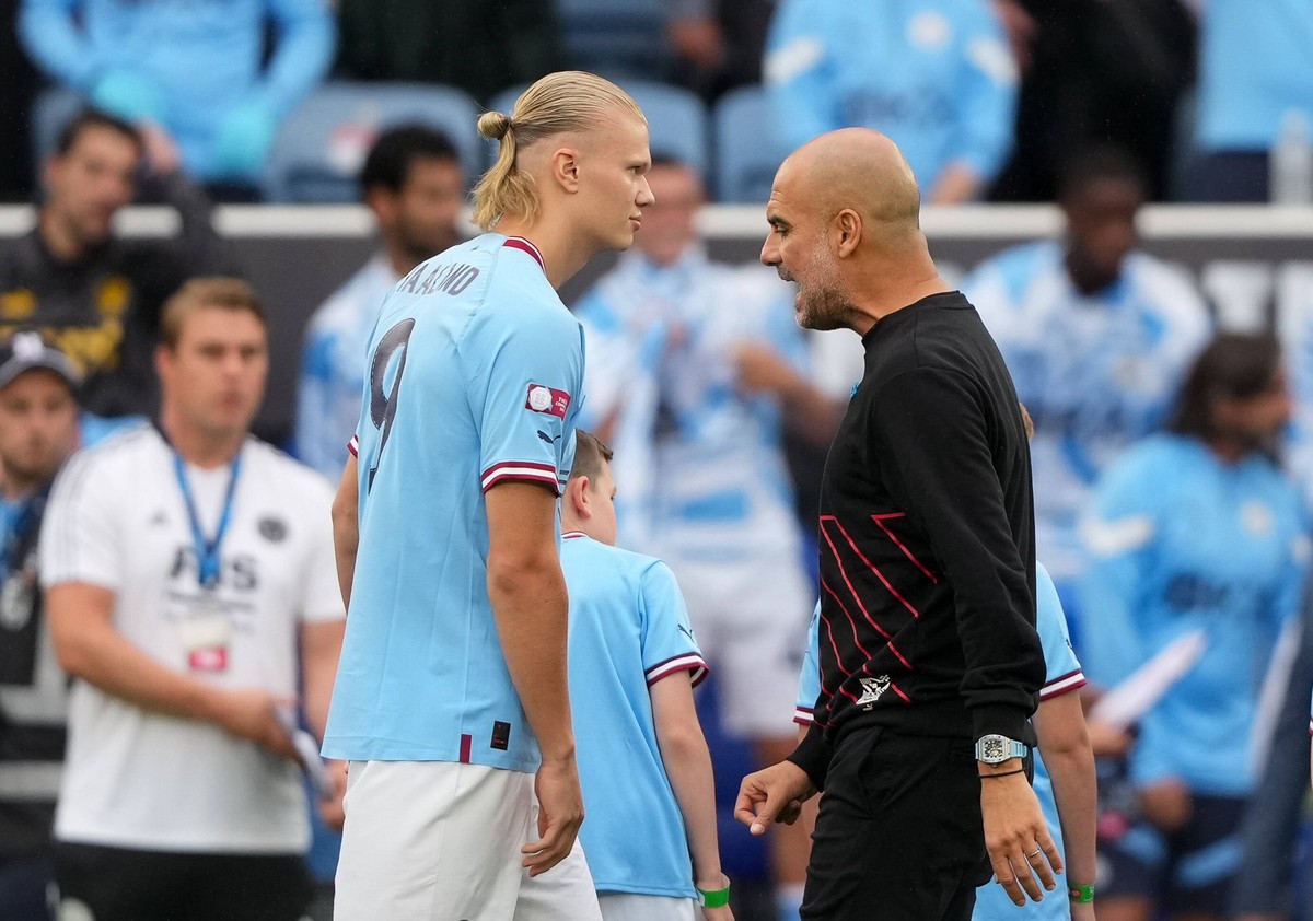 Erling Braut Haaland of Man City & Man City manager Pep Guardiola during the The FA Community Shield Final match between Liverpool and Manchester City at the King Power Stadium, Leicester, England ...
