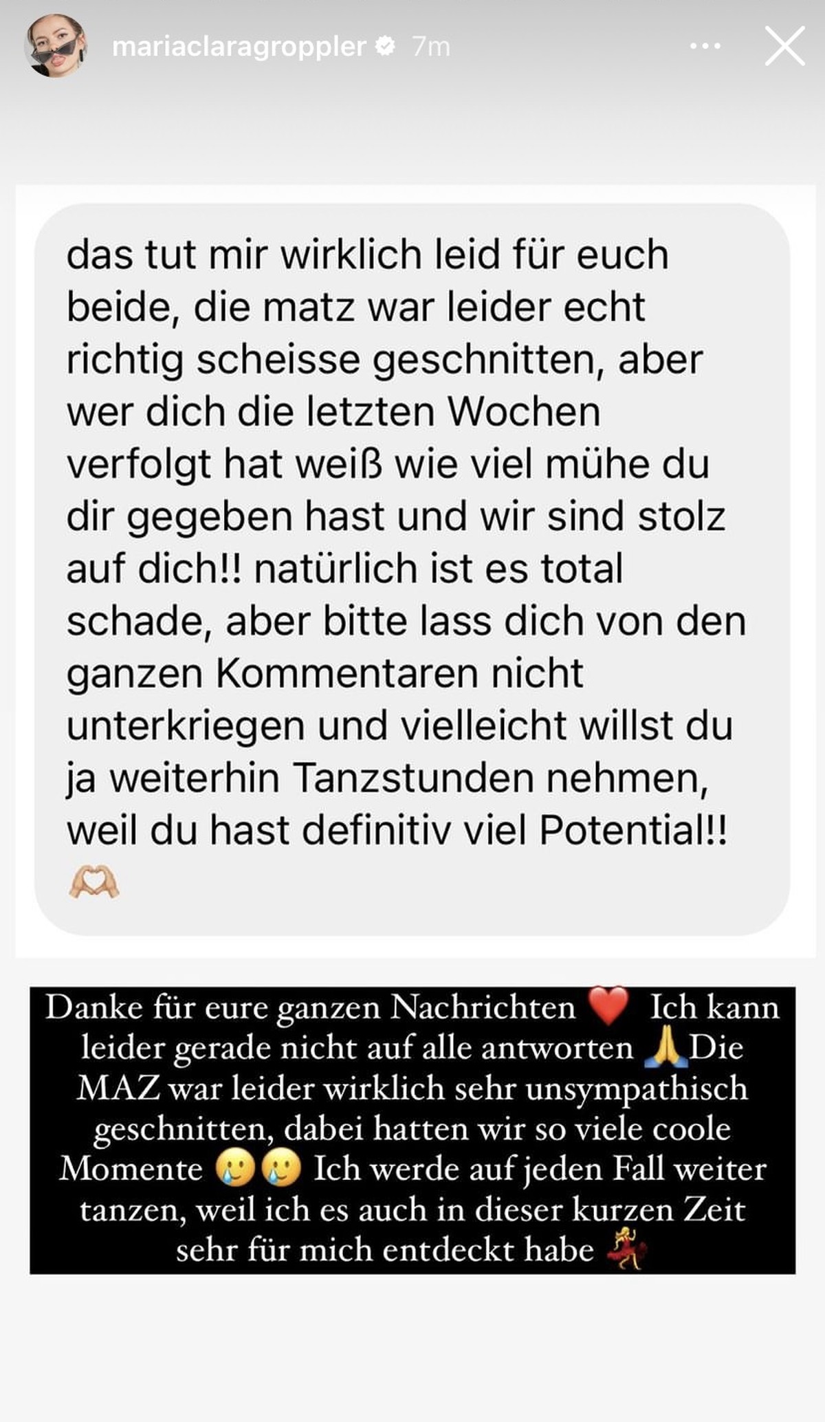 Maria bedankt sich bei ihren Fans.