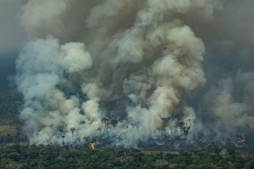 HANDOUT - 24.08.2019, Brasilien, Rondonia: Auf diesem von Greenpeace Brasilien zur Verfügung gestellten Bild steigt Rauch bei einem Brand nahe der Stadt Caneiras do Jamari in Rondonia. Angesichts der  ...