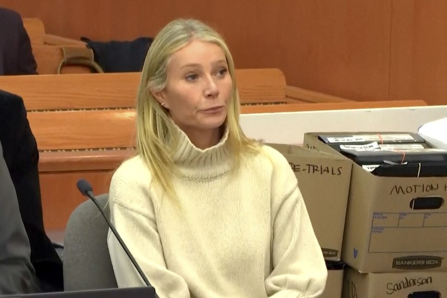 In this image taken from pool video, actor Gwyneth Paltrow appears during a hearing, Tuesday, March 21, 2023, in Park City, Utah, where she is accused in a lawsuit of crashing into a skier during a 20 ...