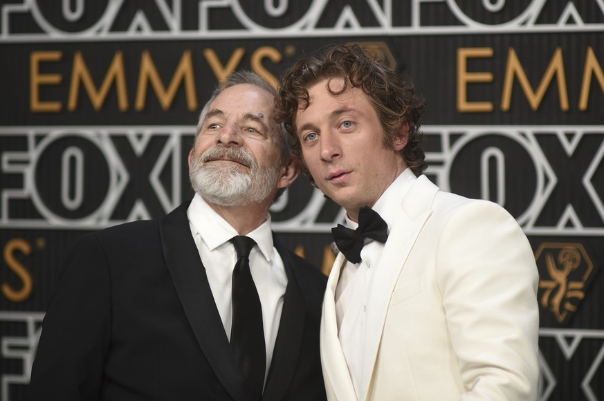 Richard White, left, and Jeremy Allen White arrive at the 75th Primetime Emmy Awards on Monday, Jan. 15, 2024, at the Peacock Theatre in Los Angeles. (Photo by Richard Shotwell/Invision/AP)