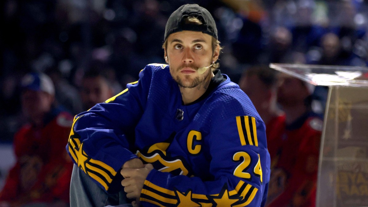 TORONTO, ONTARIO - FEBRUARY 01: Justin Bieber participates in the Tim Horton's NHL All-Star Player Draft at Scotiabank Arena on February 01, 2024 in Toronto, Ontario. (Photo by Dave Sandford/NHLI ...