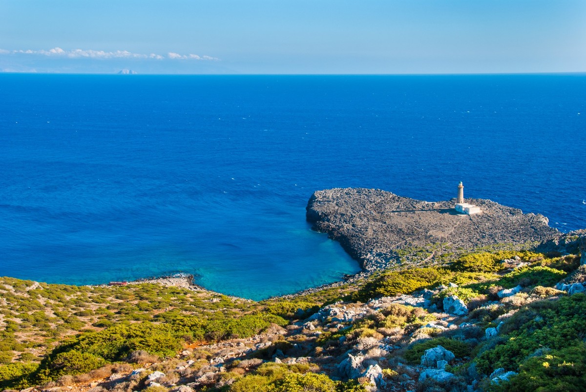 Lighthouse of Cape Apolytaras south of Antikythera island, one of the oldest lighthouses in Greece., It was built in 1926, and is a noteworthy monument of modern architecture. It can be reached only b ...