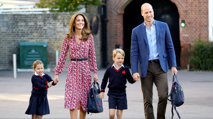 05 September 2019 - Princess Charlotte of Cambridge, Kate Duchess of Cambridge Catherine Katherine Middleton, Prince George of Cambridge, Prince William Duke of Cambridge, arriving for her first day o ...