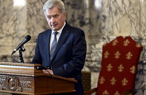 President of Finland Sauli Niinistö holds a press conference during his visit to the Washington State Capitol Building in Olympia, USA, on March 6, 2023. Finnish President Niinistö is on a 5-days visi ...