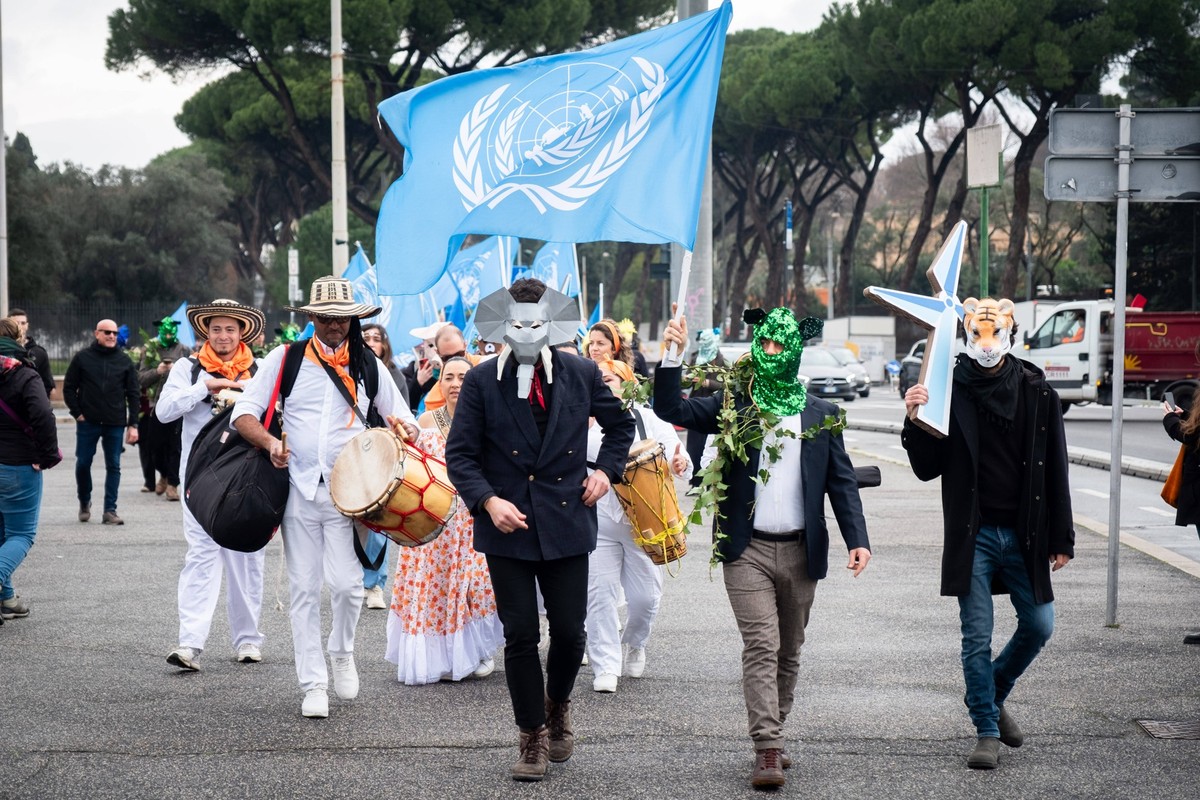 February 25, 2025, Rome, Rm, Italy: Fridays for Future and Climate Pride activists gather in front of FAO headquarters to ask the assembled international representatives to defend biodiversity and def ...