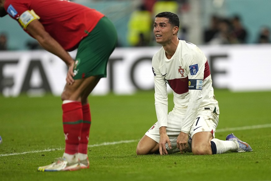 Portugal&#039;s Cristiano Ronaldo reacts after missing an opportunity to score during the World Cup quarterfinal soccer match between Morocco and Portugal, at Al Thumama Stadium in Doha, Qatar, Saturd ...