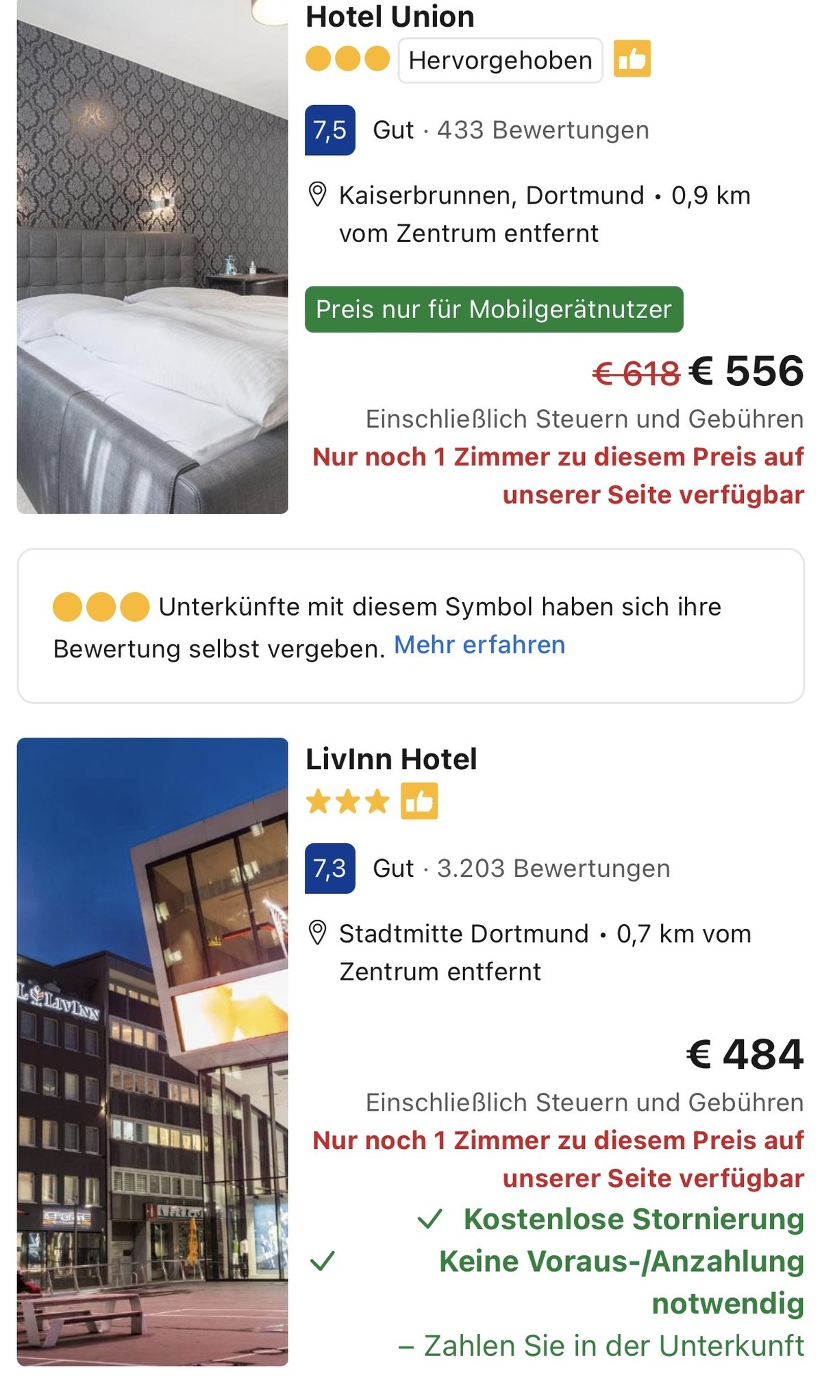 Die beiden "Top-Empfehlungen" von Booking für eine Übernachtung in Dortmund. Zwei Tage vor dem Spiel.