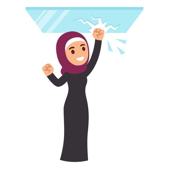 Muslim business woman breaking glass ceiling. Cartoon vector illustration.