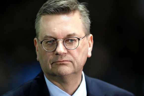 FILE - In this file photo dated Tuesday, March 27, 2018, showing Reinhard Grindel, President of the German Soccer Association (DFB), during a soccer match against Brazil, in Berlin. Speaking about the ...