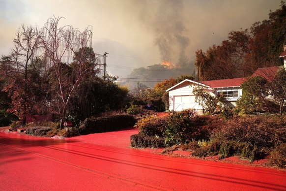 Syndication: Arizona Republic A structure burns on the hillside as fire retardant coats Mandeville Canyon Road during a battle on Jan. 11, 2025, to save the homes in this community in Brentwood from t ...