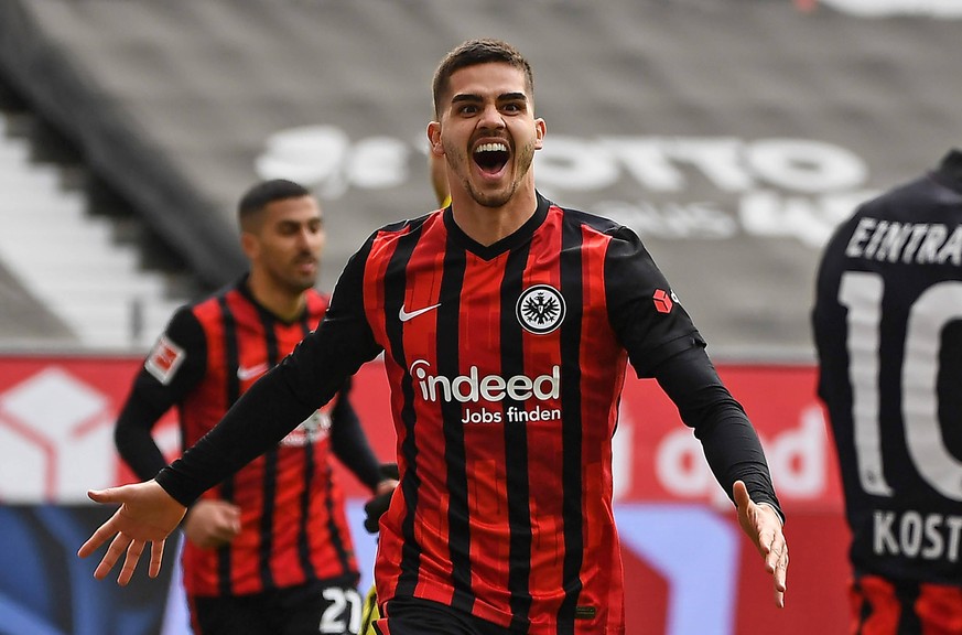 20.03.2021, xjhx, Fussball 1.Bundesliga, Eintracht Frankfurt - 1.FC Union Berlin emspor, v.l. Andre Silva Eintracht Frankfurt, Goal scored, Tor zum 1:0, celebrate the goal, Torjubel , Jubel, jubeln, j ...