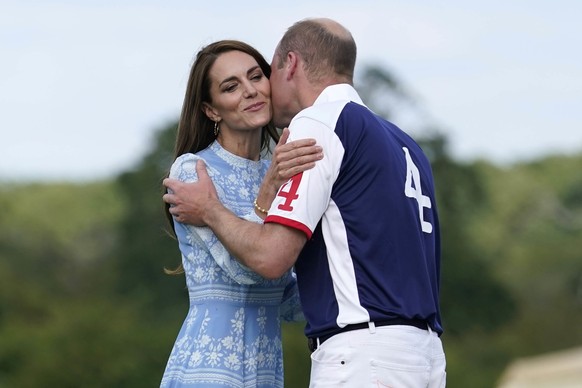 Britain&#039;s Prince William and Kate, Princess of Wales at the Out-Sourcing Inc Royal Charity Polo Cup 2023 at Guards Polo Club, Windsor, England, Thursday, July 6, 2023, which raises funds and awar ...