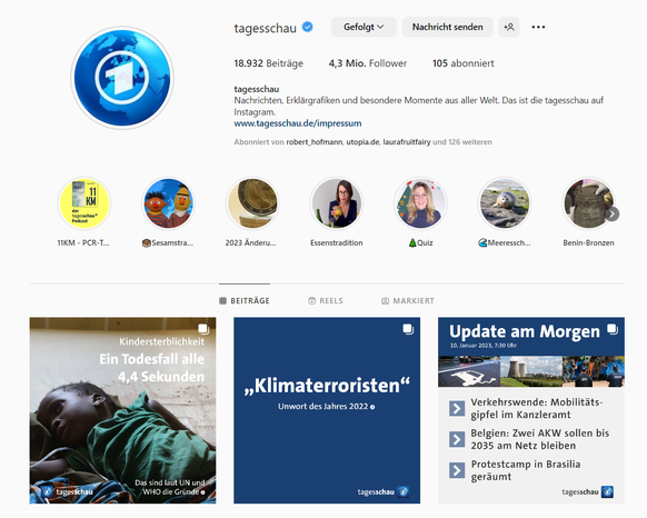 Die Instagram-Seite der "Tagesschau" zeigt sich in neuem Design.