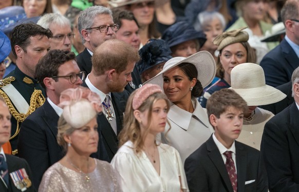 Meghan, Duchess of Sussex, and Prince Harry, Duke of Sussex arrive for the National Service of Thanksgiving at St Paul's Cathedral on June 03, 2022 in London, England. The Platinum Jubilee of Elizabet ...