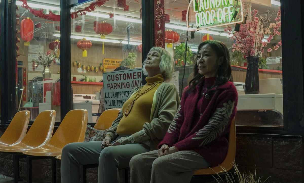 This image released by A24 shows Jamie Lee Curtis, left, and Michelle Yeoh in a scene from &quot;Everything Everywhere All At Once.&quot; (Allyson Riggs/A24 via AP)