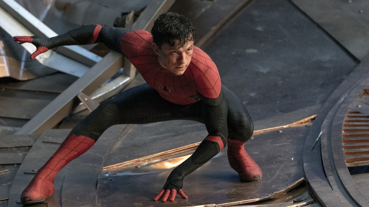 This image released by Sony Pictures shows Tom Holland as Peter Parker/Spider-Man in a scene from &quot;Spider-Man: No Way Home.&quot; (Matt Kennedy/Sony Pictures via AP)